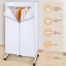 Uten Draagbare elektrische droger Gr886 - 2 lagen droog Design - Warmtepompdroger - 1500 W - Timer 0-180 Min - Elektrisch Droogrek met Verwarming - Wasdroger - Tot 15kg wasgoed - Als wasdroger, droogrek en Kledingkast- Hoogte 1.5 M - Grijs — thumbnail 5