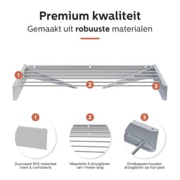 MiKas Wanddroogrek - Inklapbaar Droogrek - Wasrek - Hangend - Inclusief 20 wasknijpers - 100 cm - 6m drooglengte - Wit — thumbnail 2