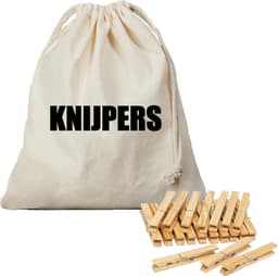 Canvas knijperzak - opbergzakje knijpers - naturel - met koord - 25 x 30 cm - en 100 houten wasknijpers - Knijperzak met knijpers — thumbnail 1