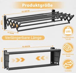 Uitschuifbaar Wand Droogrek RVS Zwart | Wanddroogrek met 7 Stangen | Telescopisch 12–36 cm | Ruimtebesparend Wasrek | Draagkracht 25 kg | Ideaal voor Badkamer, Balkon & Wasruimte — thumbnail 3