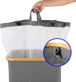 Wasmand met Deksel - Smalle mand - Kleding Opbergen - Verwijderbare Binnenzak - 100 Liter - Grijs — thumbnail 5