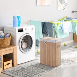 Wasmand, opvouwbare bamboe wasmand met deksel, voorzien van uitneembare binnenzak en 3 PU-handgrepen, afmetingen 40 x 30 x 60 cm (hoogte), beige — thumbnail 3