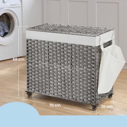 SONGMICS - Wasmand - Wassorteerder - Met Deksel - 3 Vakken - Uitneembare Waszak - Wielen - 150L+10L — thumbnail 2