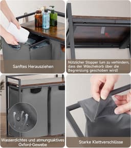 Wasmand met 2 Vakken - 92 Liter - Industrieel Wastsysteem met Houten Plank & Metaal Frame - Uitschuifbaar & Op Wielen - Wasmand voor Badkamer & Slaapkamer - 73x30x74 cm — thumbnail 4