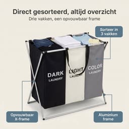 Cheqo® Wasmand met 3 Vakken - Wassorteerder - Opvouwbaar - Sorteren voor Badkamer - Was Organizer - Wasgoed - Donker Licht Kleur - Aluminium Frame - Laundry Basket - Waszak - Inklapbaar - Wasbox - Stevig voor Slaapkamer en Wasruimte — thumbnail 5