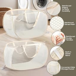 Set van 2 - Opvouwbare wasmand - Wasmand voor kleding - Wasmand voor vuile was - Gaasontwerp - Afmetingen: 34 x 34 x 60 cm - Met handvat - Geschikt voor badkamer, slaapkamer, studentenkamer, op reis en thuis - Beige — thumbnail 5