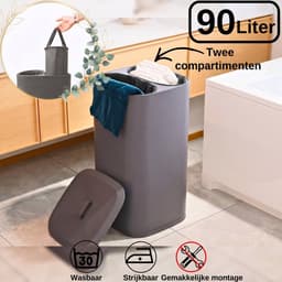 INDECOR Wasmand 90 Liter – 2 Vakken Wassorteerder – Met Deksel – Opvouwbare Wasbox – Antraciet — thumbnail 3