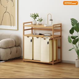 Wasmand met 3 vakken - Sorteren Kleding - Huishoudelijk Organiseren - Dubbele etage ontwerp - 148 Liter - Beige — thumbnail 4