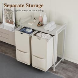 Wasmand 2 vakken, 97L wassorteerder, verrijdbare waswagen – voor wasruimte, slaapkamer, badkamer – wit — thumbnail 3