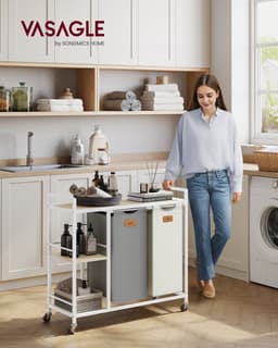 VASAGLE - Wasmand - Wassorteerder - Met 2 Vakken - 100 L wasmand - Met Wieltjes en Afneembare Tassen — thumbnail 3