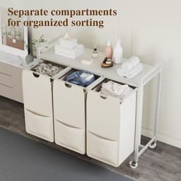 Wasmand met 3 uittrekbare oxfordzakken, legplank, metalen frame en wieltjes, wit 84x30x76,5cm, verrijdbaar voor badkamer en slaapkamer — thumbnail 5