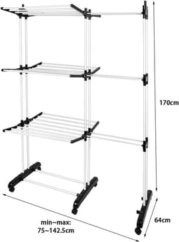 Droogtoren Wasrek - Kledingdroger Opvouwbaar - Kleding Drogen - 4 Niveaus Opvouwbaar - 75-142.5 cm - Zwart en wit — thumbnail 5