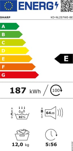 Sharp KDNL2S7WEBE – warmtepomp droger – energie label E – 12 kg – 15 programma’s – trommelverlichting – links en rechts draaiend – 8 sensor technologie – wit — thumbnail 2