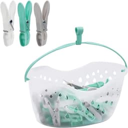 36 Plastic Clothespins with Pen Basket for Clothesline with Hanger Weatherproof Bucket with Drainage Holes | Convenient Laundry Solution | Aqua Blue, Black & Clear Basket — thumbnail 1