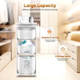 Wasmand Trolley - Kleding Organizer - Kleding Sorteren - Drie Compartimenten - 43 x 18 x 109 cm - Wit — thumbnail 5
