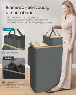 SONGMICS Wasmand met deksel, wasverzamelaar, wassorteerder, waszak afneembaar, bamboeframe, voor bijkeuken, slaapkamer, 2 vakken, 150 liter, leigrijs LCB532GN01 — thumbnail 5