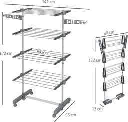 Wasdroger Wasrek 5 verdiepingen, opvouwbaar, One-Klick-Systeem, 142 cm x 55 cm x 172 cm, Grijs + Zilver — thumbnail 5