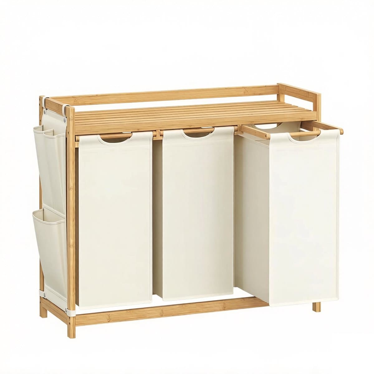 Wasmand vuile was sorteermand opbergmand 94×33×78 cm naturel houtkleur + beige 150L grote capaciteit 3 vakken met afneembare binnenvoering, opbergrek en zijvak stevig en duurzaam bamboeframe geschikt voor badkamer, wasruimte en slaapkamer — afbeelding 1