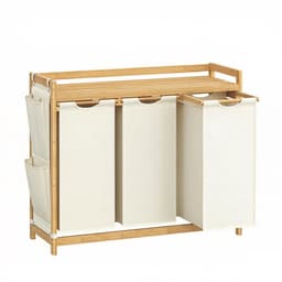 Wasmand vuile was sorteermand opbergmand 94×33×78 cm naturel houtkleur + beige 150L grote capaciteit 3 vakken met afneembare binnenvoering, opbergrek en zijvak stevig en duurzaam bamboeframe geschikt voor badkamer, wasruimte en slaapkamer — thumbnail 1