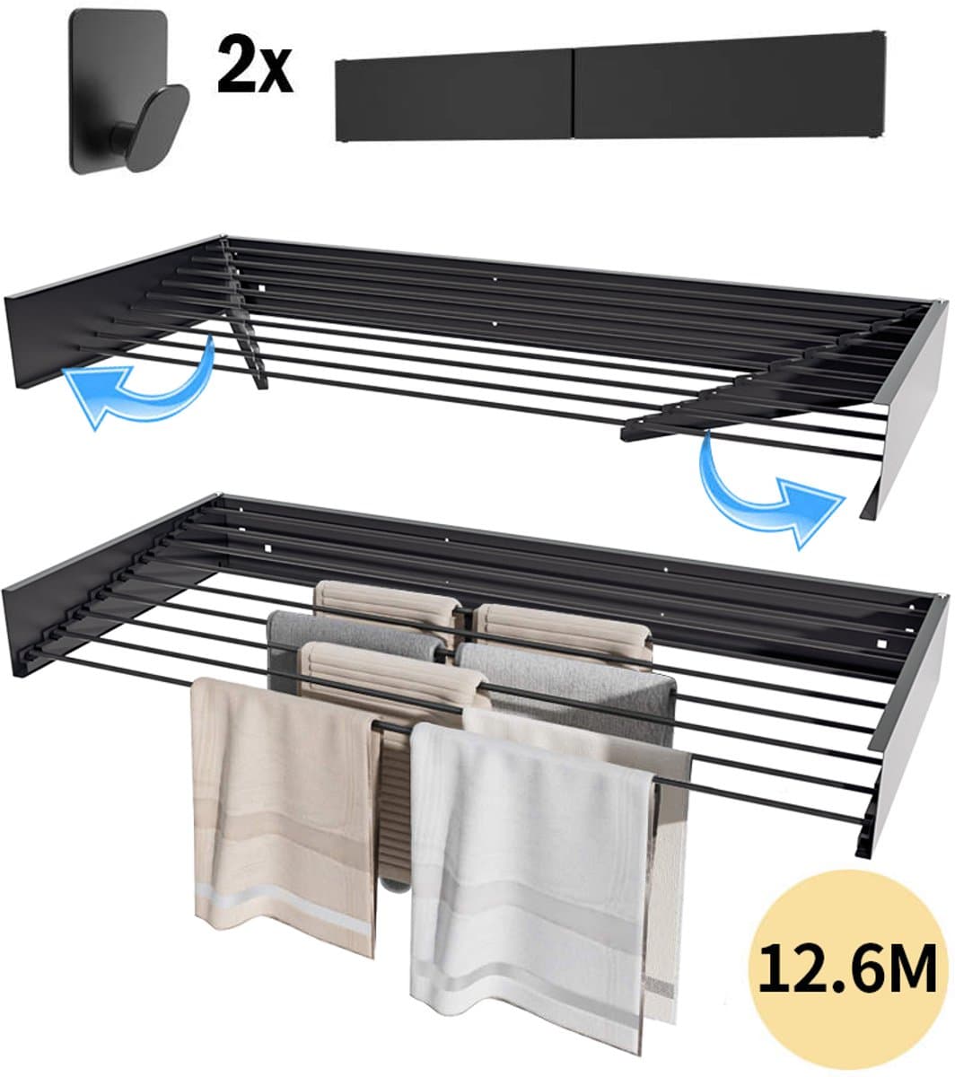 PLAY IT Wanddroogrek 140cm Inklapbaar XXXL Zwart - 12.6 Meter Drooglengte + 2 Handdoek Haakjes — afbeelding 1