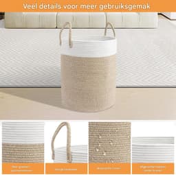 Lemlit Wasmand - Gevlochten Opbergmand met Handvatten 58 L - Speelgoedmand voor Kinderkamer Slaapkamer en Woonkamer - 38 x 50 cm - Wit Bruin — thumbnail 4