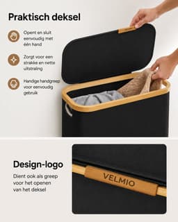 Velmio Wasmand - Smalle Wasbox - Wasmand Met Deksel - Smalle Wasmand - 65L - Oxford Stof - Bamboo - 42x22x70cm - Incl Uitneembare Waszak - Zwart — thumbnail 2