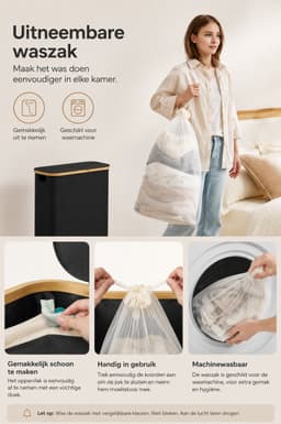 Velmio Wasmand - Smalle Wasbox - Wasmand Met Deksel - Smalle Wasmand - 65L - Oxford Stof - Bamboo - 42x22x70cm - Incl Uitneembare Waszak - Zwart — thumbnail 5
