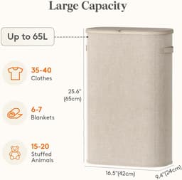 Wasmand - Wasmand met deksel - Grote Wasmand - Wasmand slaapkamer - Wasmand 65 Liter - Wasmand - Beige — thumbnail 2