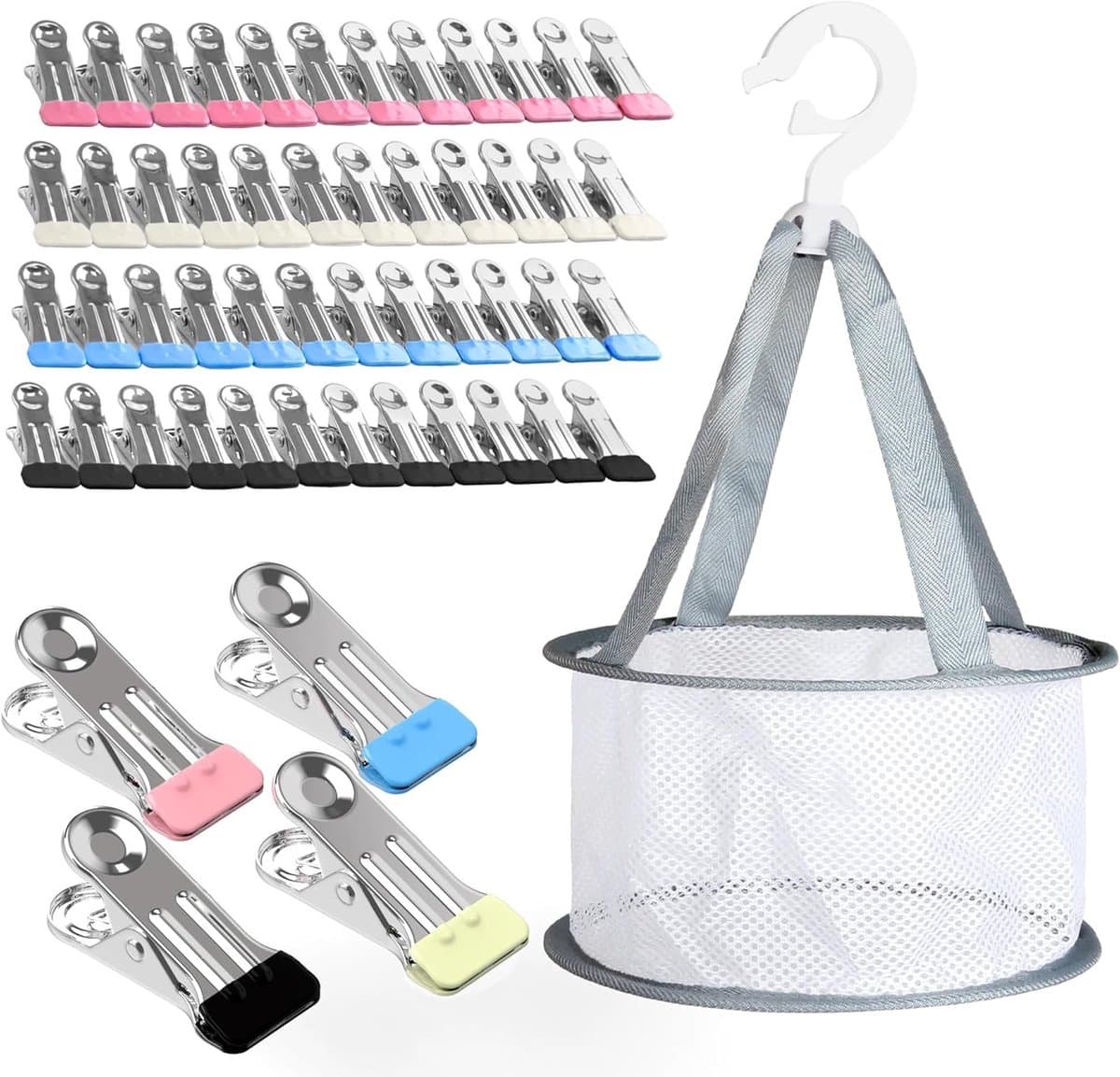 48 Stuks RVS Wasknijpers met Mand, Winddichte Kledingknijpers met Kunststof Coating voor Waslijnen, Handdoeken, Kleding en Sokken — afbeelding 1