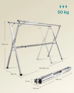 LUMÈ STORE Droogrek Inklapbaar – Uitschuifbaar Wasrek 133-200 cm – Staand Kledingrek – RVS Metaal – 50 kg Draagvermogen - Zilver — thumbnail 4