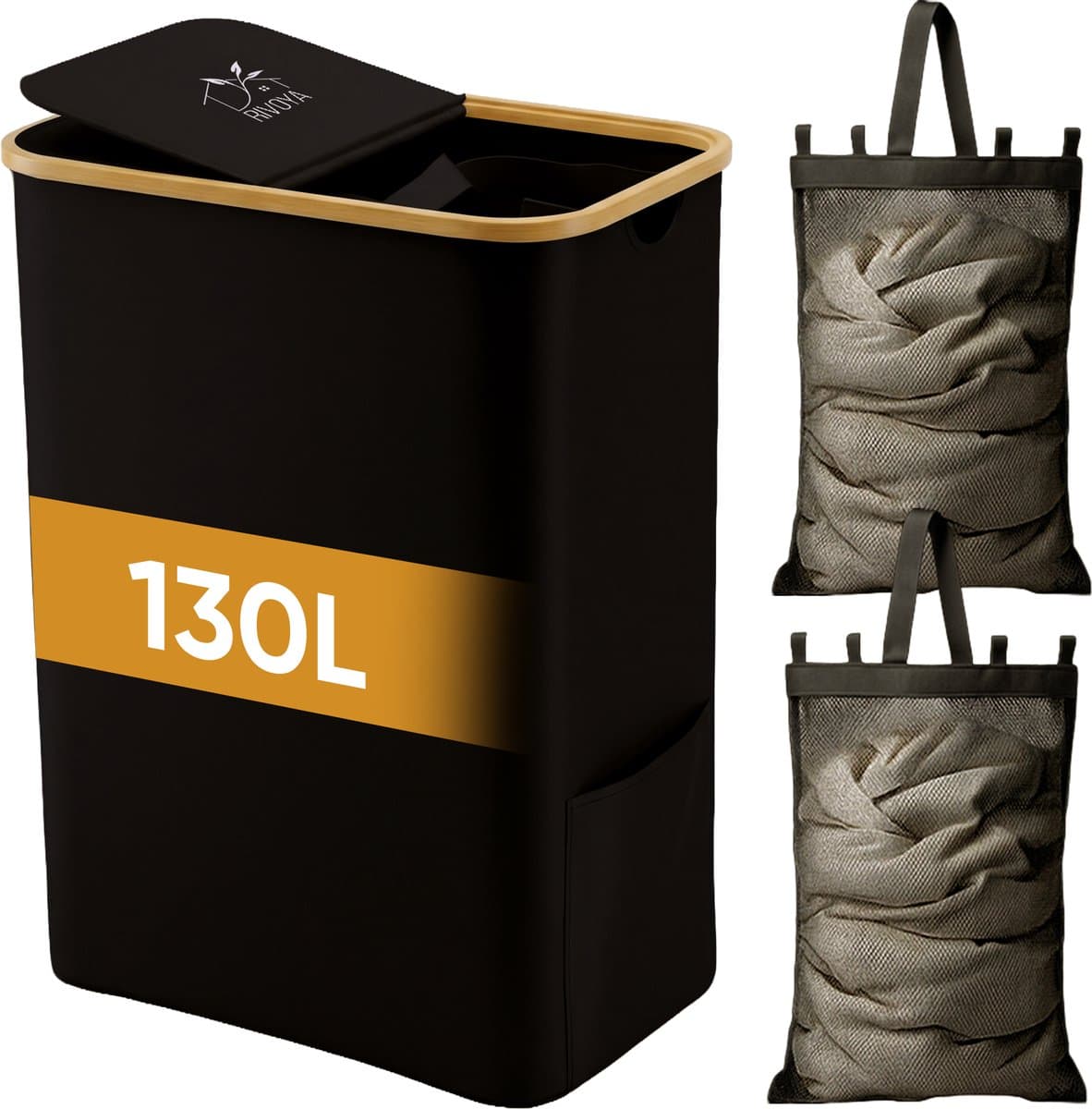 Rivoya Wasmand 2 Vakken - Wassorteerder - 130L - Met 2 Uitneembare Zakken - Wasmand met deksel - Laundry basket - Waszak - Zwart - Knopen — afbeelding 1