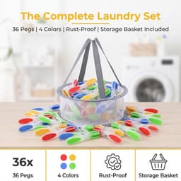 Wasknijpers met mand - Kledingklemmen - Kleding drogen - Antislip siliconen - 36 stuks - Meerkleurig — thumbnail 2