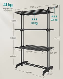 SONGMICS wasdroger- standaarddroger 4 niveaus- vleugelwasdroger- opvouwbare vleugels- met rollen- 63,5x125,5x173 cm, groot — thumbnail 2