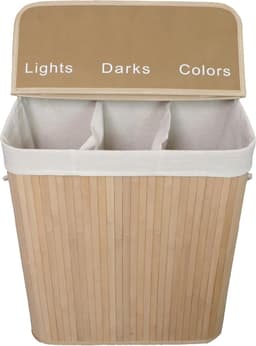 ENGLISH HOME 100L opvouwbare 3-compartimenten wasmand met deksel, wasmand met uitneembare voering, opberg organizer, wasmanden voor wasgoed badkamer, bamboe 52x32x60 cm Bruin — thumbnail 3