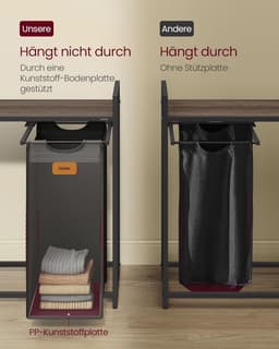 FurnStar - Wasmand 2 vakken - wasverzamelaar 100 l - wassorteerder - rollen - waswagen met planken - waszak - met afneembare vakken - 6 etiketten - kastanjebruin-inktzwart-87 x 33 x 80,5 cm - duifgrijs — thumbnail 5