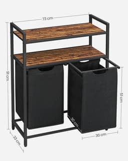Wasmand 2 Vakken - Wassorteerder - Met 2 Planken - Uittrekbare Waszakken - 92L Capaciteit - Zwart — thumbnail 2