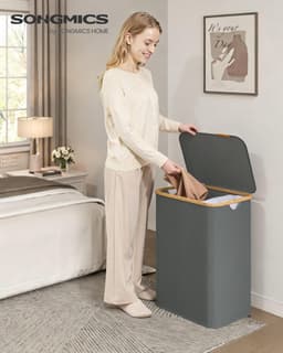 SONGMICS - Wasmand - Wasmand met Deksel - 2 Compartimenten - Opvouwbaar en Bamboe Frame — thumbnail 3