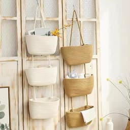 Wasmand - Wassorteerder - Wandslinger Mand - Kaki Kleur Geweven Opslagzak - Decoratieve Drie-Laagse Hangende Mand – Perfect voor Babykamer - Grote 3-Luik — thumbnail 3