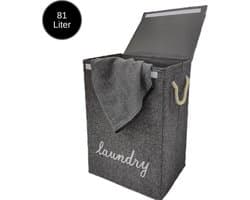 Janse® Wasmand grijs met wit - Stevige opvouwbare wasmand met deksel - 81 Liter - Met handvatten - Laundry basket - Badkamer organizer - Opbergbak - Ruime wassorteerder
