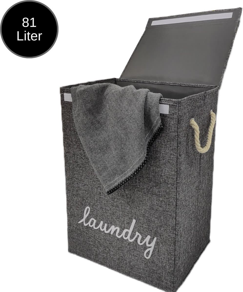 Janse® Wasmand grijs met wit - Stevige opvouwbare wasmand met deksel - 81 Liter - Met handvatten - Laundry basket - Badkamer organizer - Opbergbak - Ruime wassorteerder — afbeelding 1