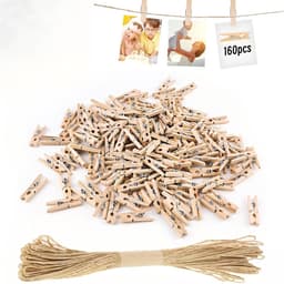 Memoklemmen met houten wasknijpers - 160 klemmen + 10 m jute touw - Afmeting klem: 2,5 x 0,3 cm - Diameter touw: 1,5 mm - Houten klemmen - Touw - Jute touw - Opbergklemmen - Fotoklemmen - Mini wasknijpers - Bruiloft wasknijpers - Geschikt voor DIY — thumbnail 1