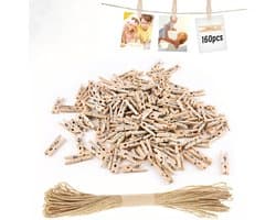 Memoklemmen met houten wasknijpers - 160 klemmen + 10 m jute touw - Afmeting klem: 2,5 x 0,3 cm - Diameter touw: 1,5 mm - Houten klemmen - Touw - Jute touw - Opbergklemmen - Fotoklemmen - Mini wasknijpers - Bruiloft wasknijpers - Geschikt voor DIY