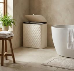 MAZAZU Wasmand met Deksel & Uitneembare Waszak - XXL 132 Liter - Diamond Stitch - Bamboe Frame - Crème Wit - 57x37x63 cm — thumbnail 4