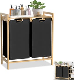 Froadp Wasmand bamboe frame 2 vakken 36 l 73 x 64 x 33,5 cm Wasmand met opbergvak Waszak Wasbox van Oxford-stof Wasbak houten waszakken voor wasruimte slaapkamer - zwart — thumbnail 1