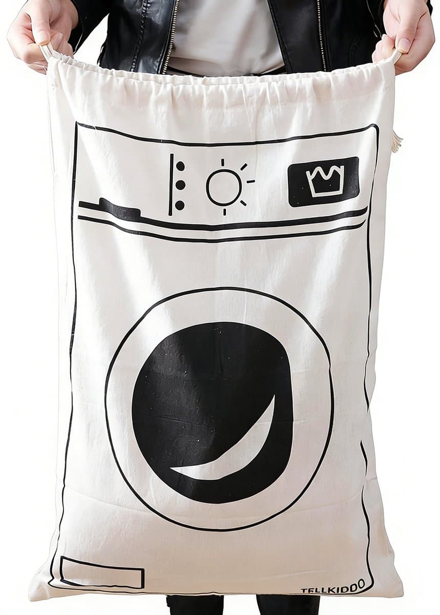 Waszak - Met Wasmachine Print - 50 x 60 cm - Grote waszak - Wasgoed Opbergtas met Trekkoord - Badkamer Was Zak - Laundry Bag - Reiswaszak - Waszakken voor wasgoed - Opbergtas - Waszakken - Wit/Zwart — afbeelding 1
