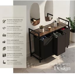 DnA® Wasmand 3 Vakken - Wasmand - Wassorteerder - Wasmand Met Deksel - Zwart - 94cm x 34cm x 72cm — thumbnail 2