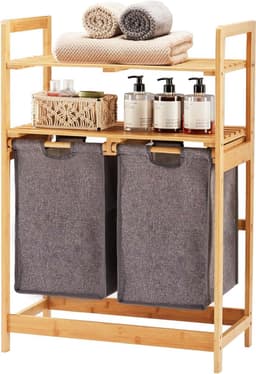 Bamboe Wasmand met Uittrekbare Zakken en Planken - Grijs - Voor Slaapkamer, Badkamer en Waskeuken — thumbnail 1