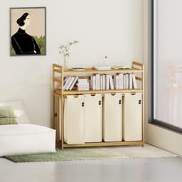 MIRA® Wasmand 4 Vakken - Wassorteerder - Wasmand - Bamboe Frame - Beige- ‎103cm x 41cm x 77cm — thumbnail 3