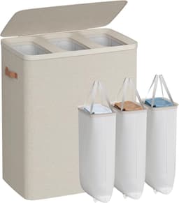 SONGMICS - Wasmand, 190 liter - drie compartimenten - met deksel en handgrepen - uitneembare binnenvoering - eenvoudig te monteren - 64 x 40 x 75 cm - cappuccino beige — thumbnail 2