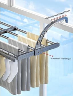GELLDG Klein wasrek geschikt voor op het balkon - Uitschuifbaar en opvouwbaar - Wasrek voor radiator - Wandwasrek - Geschikt voor binnen- en buitengebruik - 38-55 cm - Inclusief winddicht sokkenrek — thumbnail 2